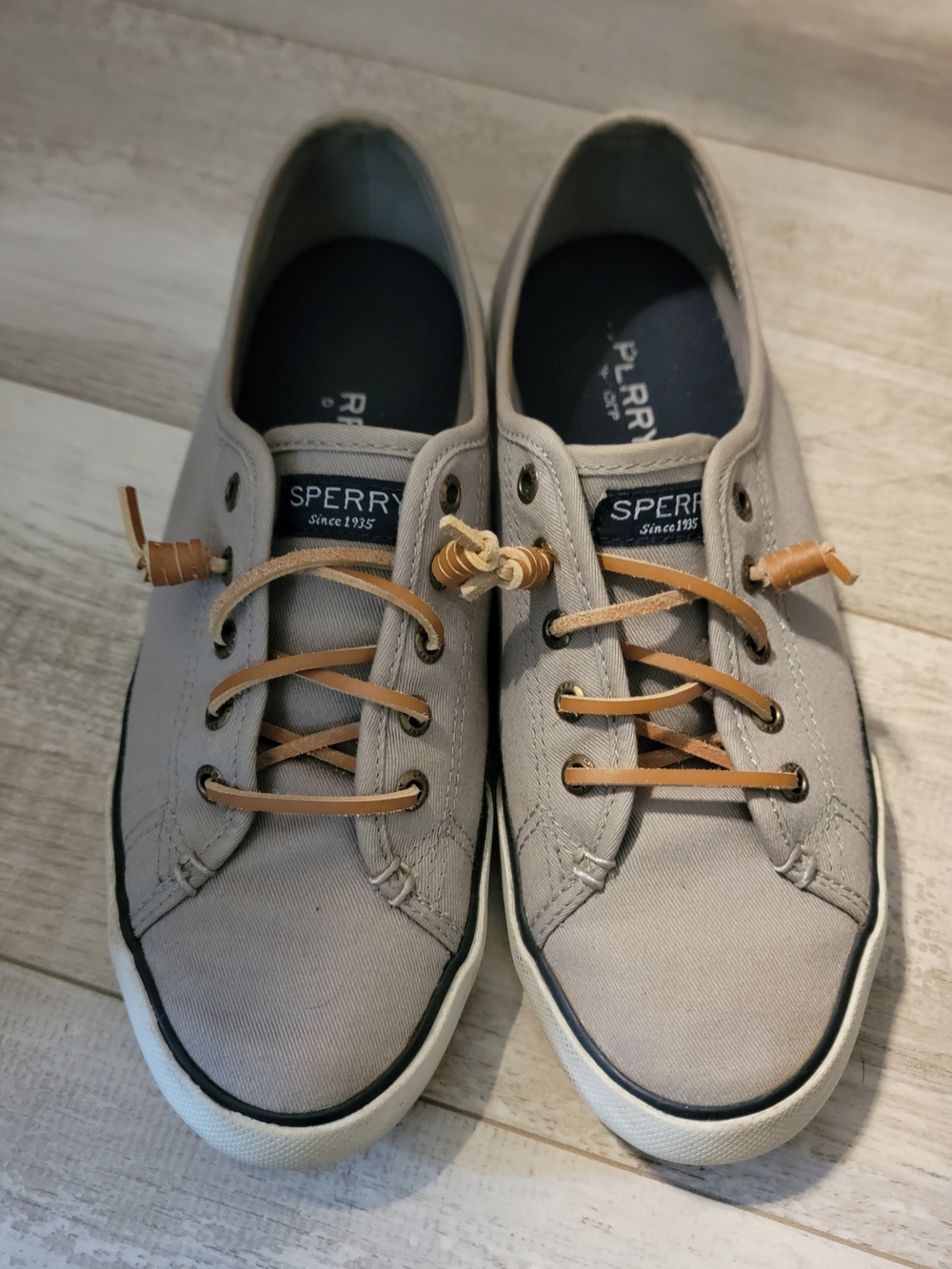 Sperry Women’s Canvas Boat Shoes in Light Gray with Tan Laces